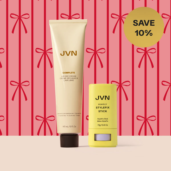Two JVN beauty products with a promotional banner on a red background with bows.