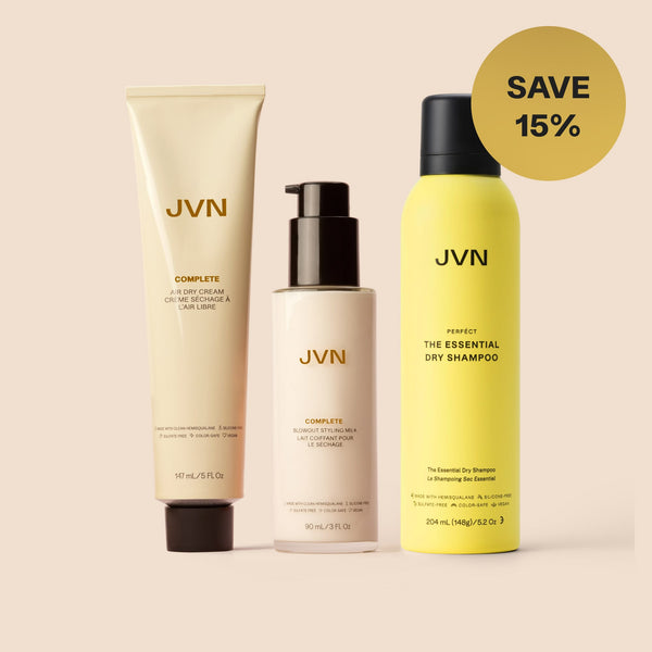 Three JVN hair care products on a beige background with a discount label.