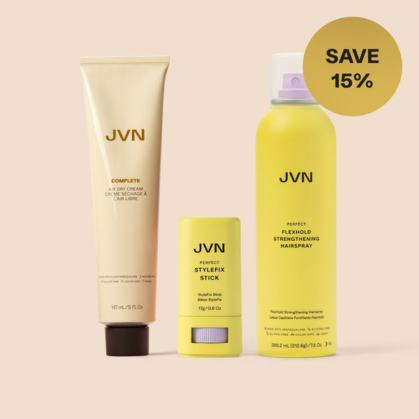 JVN hair care products including a tube, spray, and stick on a beige background with a discount label.