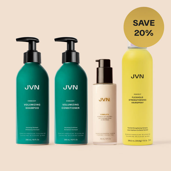 Set of JVN hair care products including shampoo, conditioner, and hairspray on a beige background with a discount label.