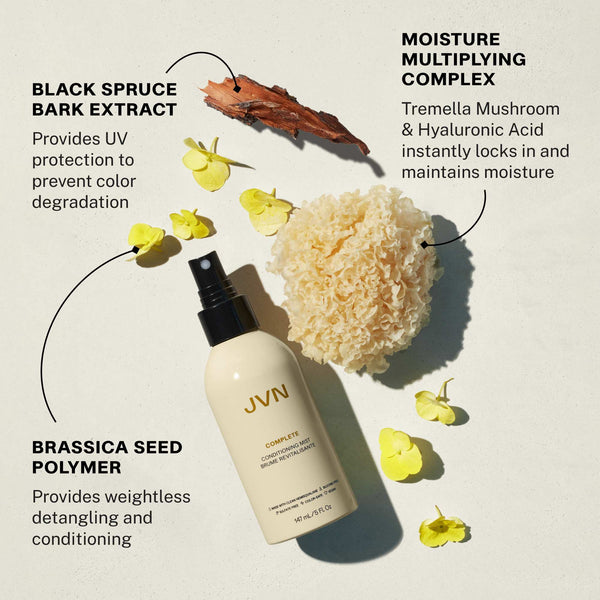 JVN Hair Complete Conditioning Mist ingredients laid out on a cream background with product in the middle. Black spruce bark extract provides UV protection to prevent color degradation. Brassica seed polymer provides weightless detangling and conditioning. Moisture multiplying - tremella mushroom and hyaluronic acid instantly locks in and maintains moisture.