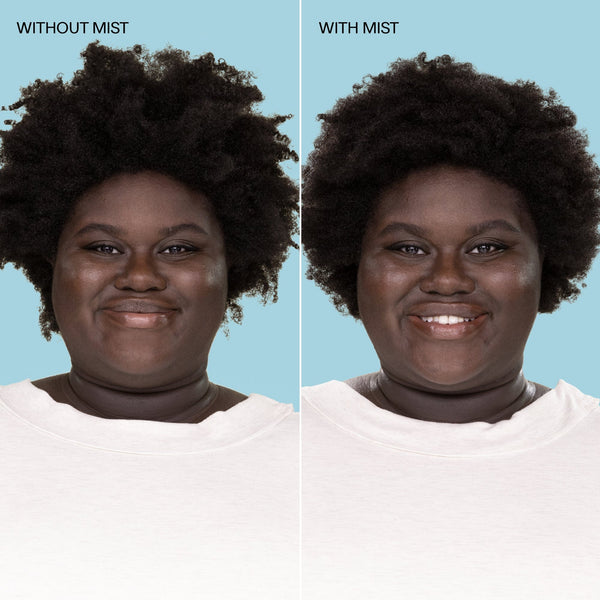 Model with short coily dark brown hair with mist on the left, and same model image with mist on the right. Model is shot on a blue background.