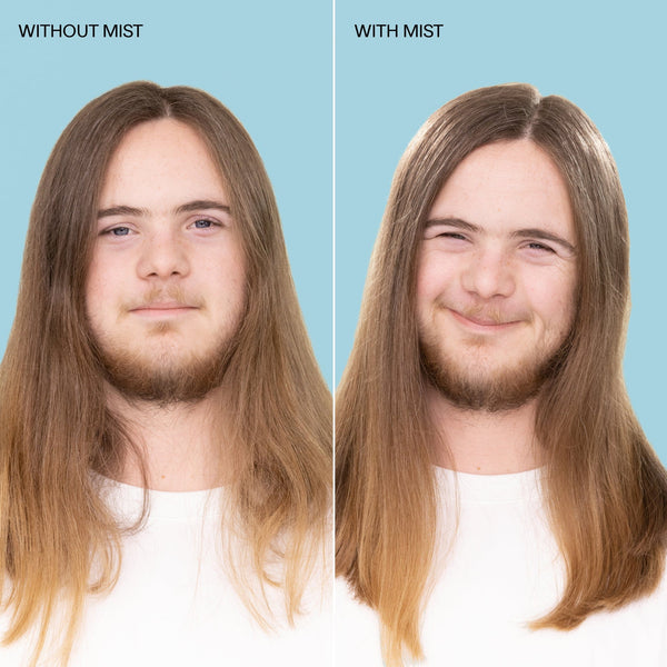 Model with long dirty-blonde hair with mist on the left, and same model image with mist on the right. Model is shot on a blue background.