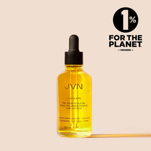 JVN Treatment Complete Pre-Wash Scalp Oil JVN Pre-Wash Scalp Oil | Rosemary-Infused Scalp Treatment sulfate-free silicone-free sustainable. Complete Pre-Wash Scalp Oil on a pink background with 1% For The Planet Member logo.