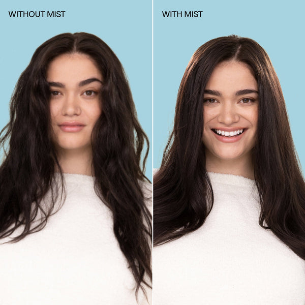 Model with long dark brown hair with mist on the left, and same model image with mist on the right. Model is shot on a blue background.